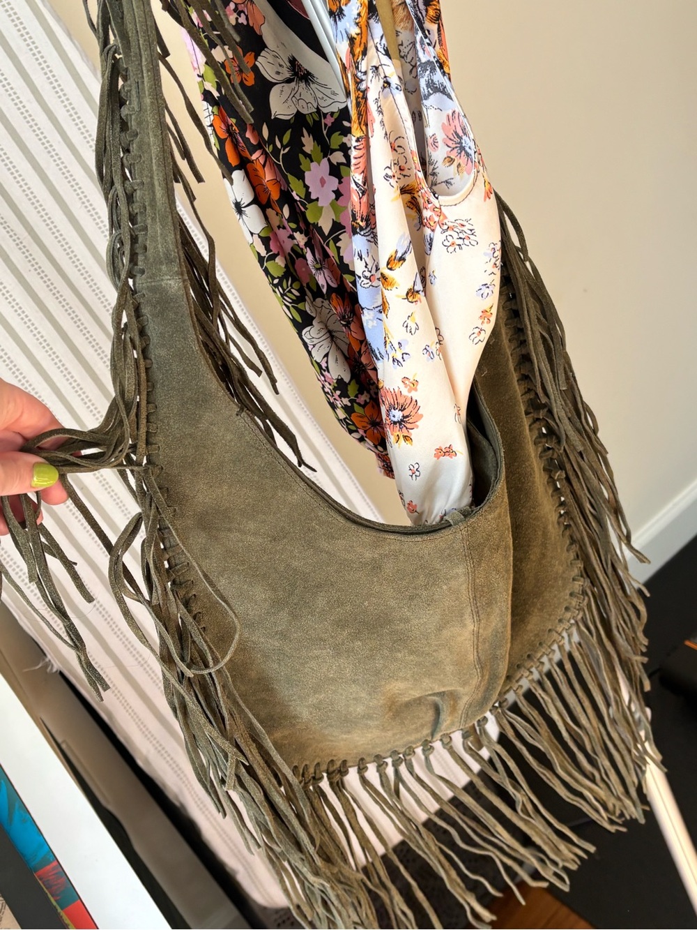 Silence + Noise Suede Fringe Hobo Sling Bag Olive Green NWOT
